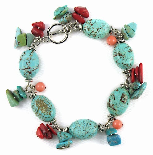 Smooth Turquoise Cluster Bracelet With Coral Charms