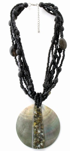 Black Wood Bead And Shell Necklace